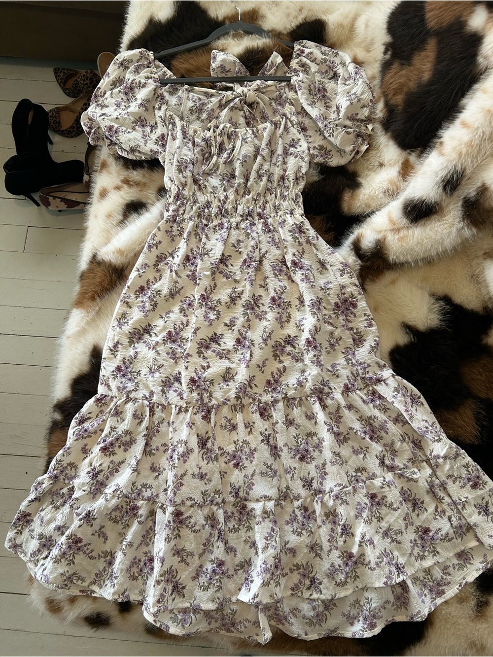 Liberty Love Cream Midi Dress with Lavender Floral Print